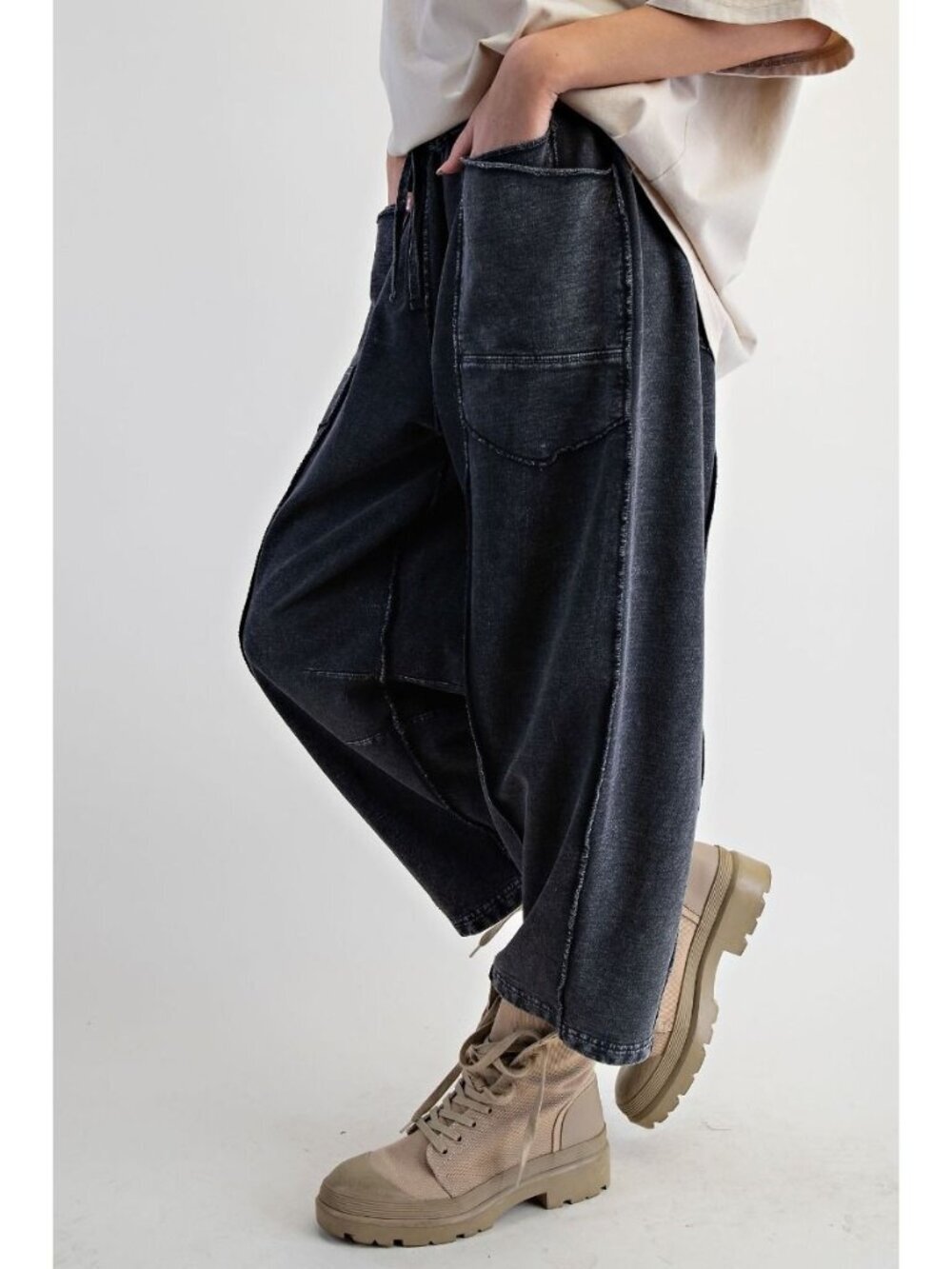 Eryn Mineral Washed Terry Knit Barrel Pants in Black Large